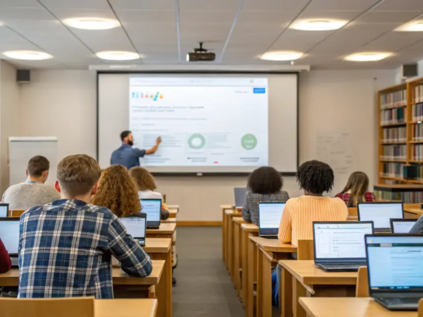 School leader delivering professional training session to staff in a classroom with laptops, representing professional development and wellbeing resources for educators.